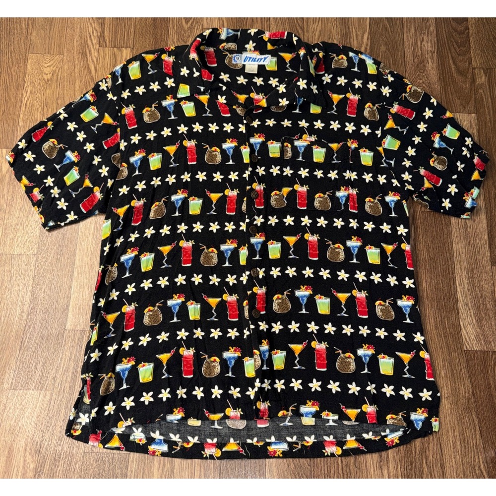 Utility Mens Large Black Rayon Tropical Cocktail Drink Floral Hawaiian Shirt L